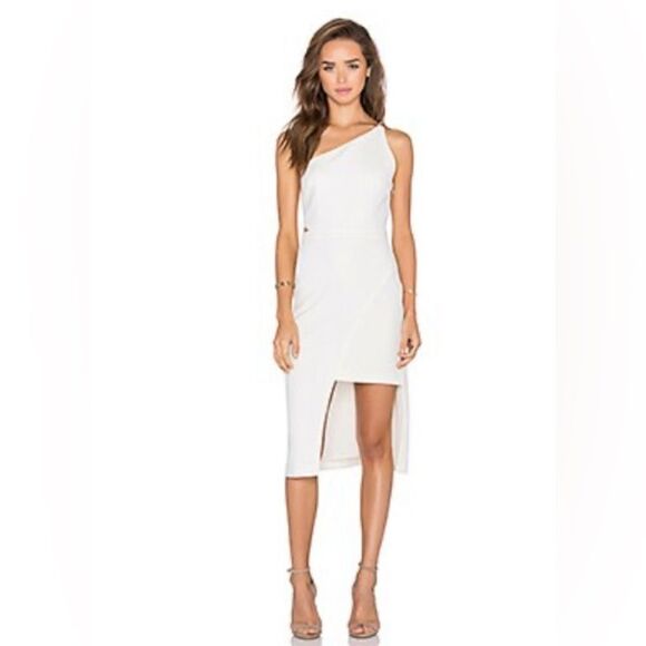 Halston Heritage one shoulder lined keyhole waist midi sheath in eggshell. NWT